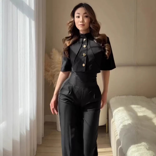 Damen Zweiteiliges Satin-Ensemble mit Cropped-Bolero, Goldknöpfen und hoher Taille Shop Nory