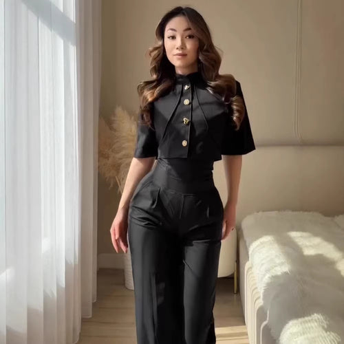 Damen Zweiteiliges Satin-Ensemble mit Cropped-Bolero, Goldknöpfen und hoher Taille Shop Nory