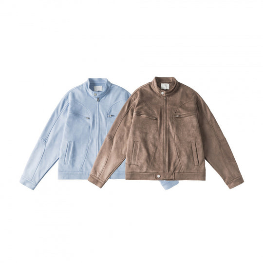 Unisex Kurzgeschnittene kastige Velours-Blousonjacke mit Stehkragen und Brustreißverschlüssen Shop Nory