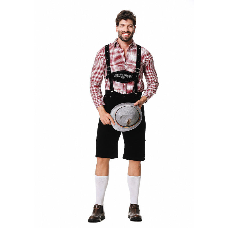 Herren nan authentische Trachten-Kniebundhose aus wildlederähnlichem Material mit verstellbaren Trägern und besticktem Brustlatz Shop Nory