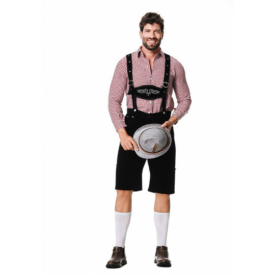 Herren nan authentische Trachten-Kniebundhose aus wildlederähnlichem Material mit verstellbaren Trägern und besticktem Brustlatz Shop Nory