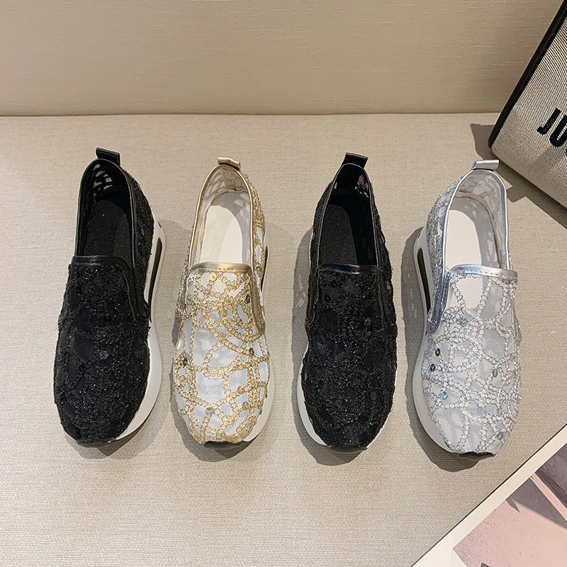 Damen Elegante Keil-Slipper mit transparentem Mesh, Paillettenstickerei und dämpfender Plateau-Sohle Shop Nory