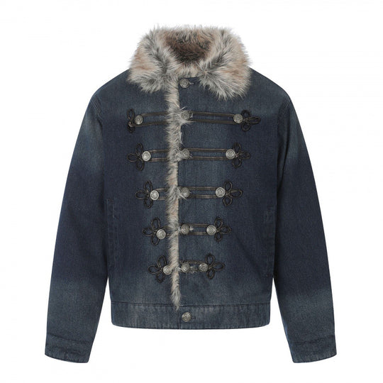 Herren Jeansjacke im Military‑Inspirierten Ornamentstil mit Kunstfellbesatz Shop Nory