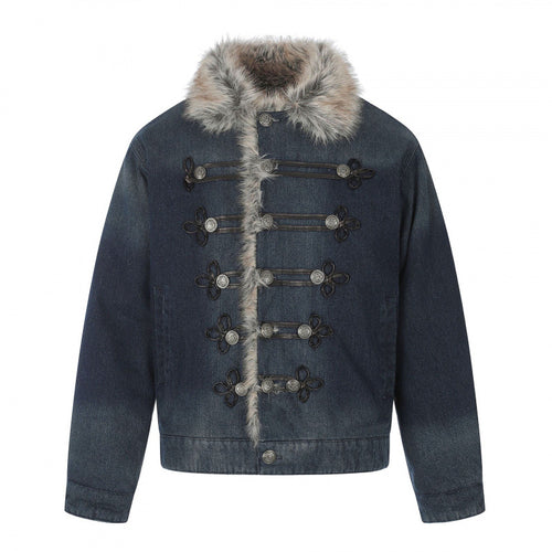 Herren Jeansjacke im Military‑Inspirierten Ornamentstil mit Kunstfellbesatz Shop Nory