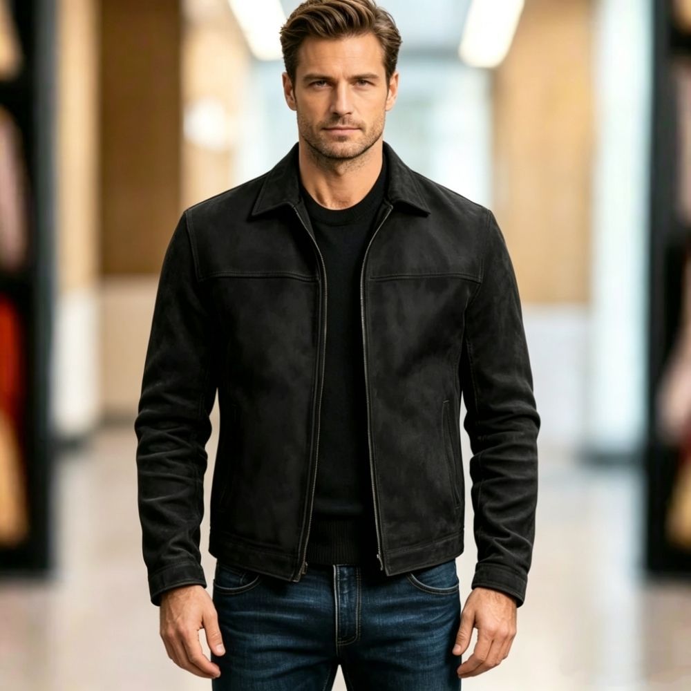 Herren nan schlanke Veloursleder-Jacke mit klassischem Kragen und verdecktem Reißverschluss Shop Nory