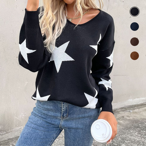 Damen Oversize V‑Ausschnitt Strickpullover mit großem Sternen‑Jacquard Shop Nory