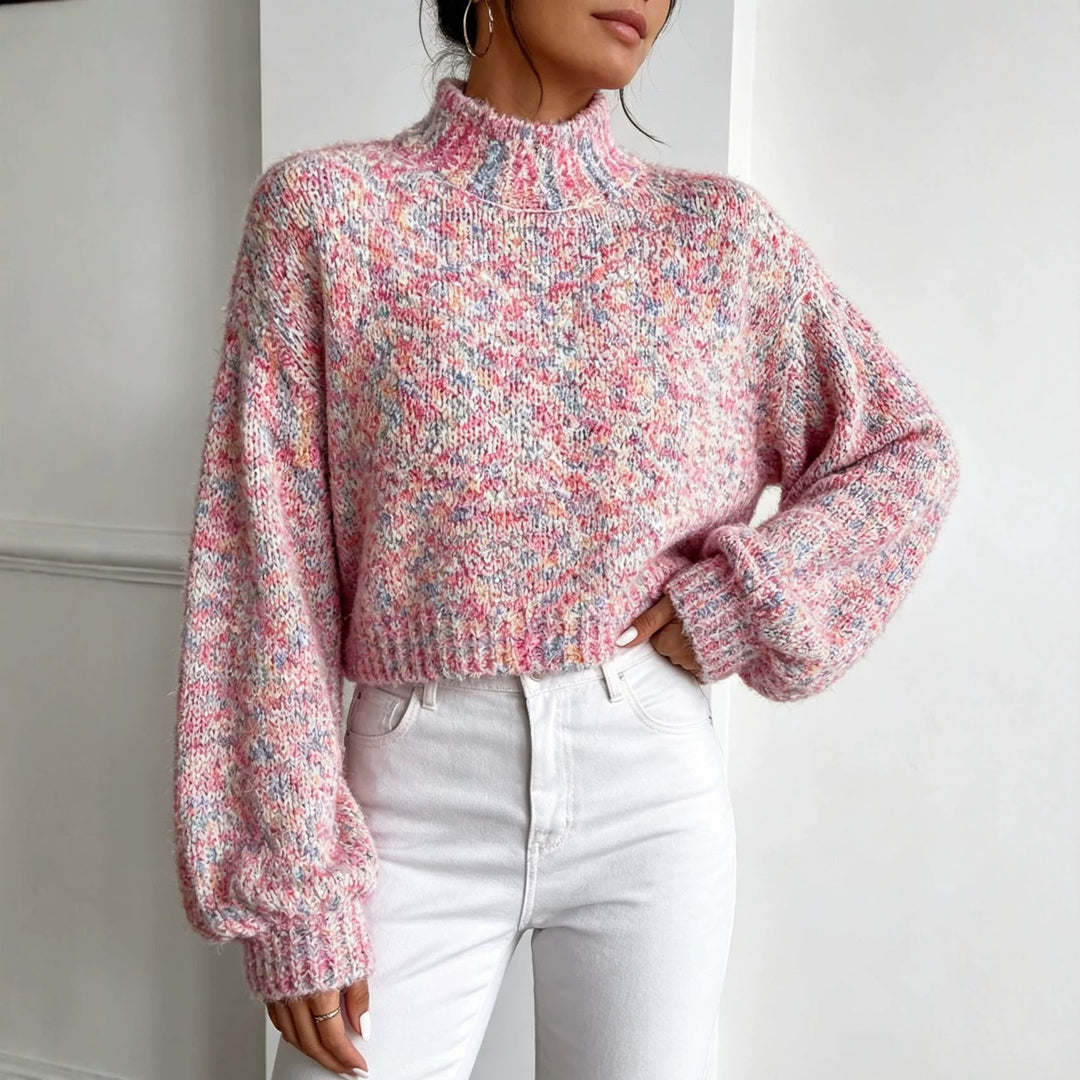Damen Kurzgeschnittener Oversize-Pullover mit Stehkragen, mehrfarbigem Bouclé-Muster und Ballonärmeln Shop Nory