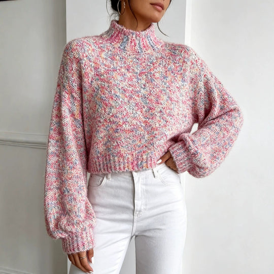 Damen Kurzgeschnittener Oversize-Pullover mit Stehkragen, mehrfarbigem Bouclé-Muster und Ballonärmeln Shop Nory