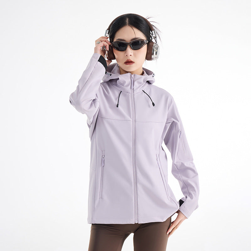 Damen Atmungsaktive Softshell-Regenjacke mit Kapuze, winddicht und minimalistischer Tech-Optik Shop Nory