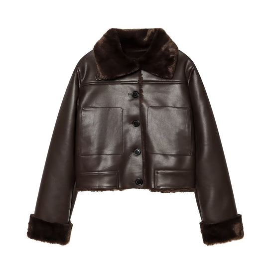 Damen Kurzjacke aus Lederoptik mit Teddy-Futter, aufgesetzten Taschen und Umlegekragen Shop Nory