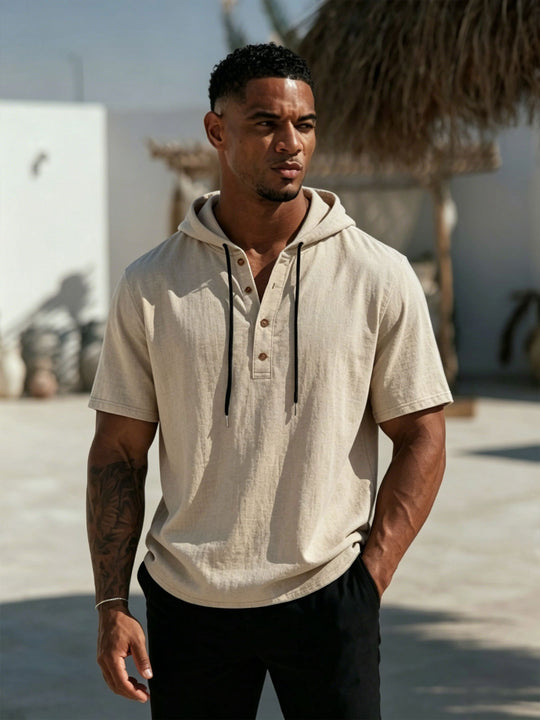 Herren Kurzarm-Hoodie-Henley aus Leinenoptik mit Knopfleiste Shop Nory
