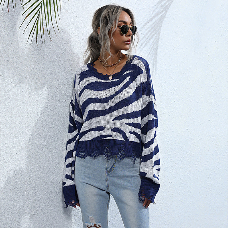 Damen Oversize-Strickpullover mit Zebrastreifen‑Jacquard, ausgefranstem Saum und Raglanärmeln Shop Nory