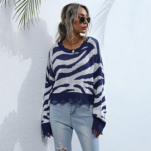 Damen Oversize-Strickpullover mit Zebrastreifen‑Jacquard, ausgefranstem Saum und Raglanärmeln Shop Nory