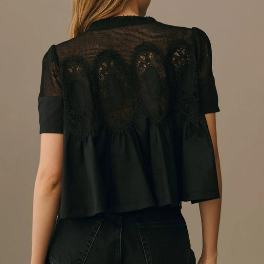 Damen Spitzenblusen-Top mit Stehkragen, Netz-Einsatz und geraffter A-Linien-Silhouette Shop Nory