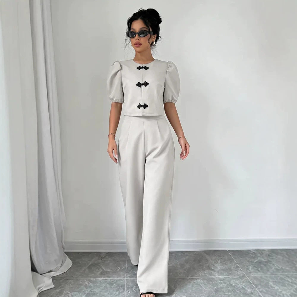 Damen Zweiteiliges Tailoring-Set mit Kurzjacke, Puffärmeln und hochgeschnittener Weithose Shop Nory