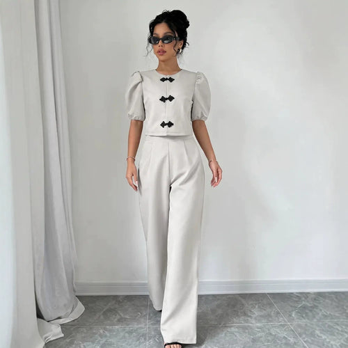 Damen Zweiteiliges Tailoring-Set mit Kurzjacke, Puffärmeln und hochgeschnittener Weithose Shop Nory