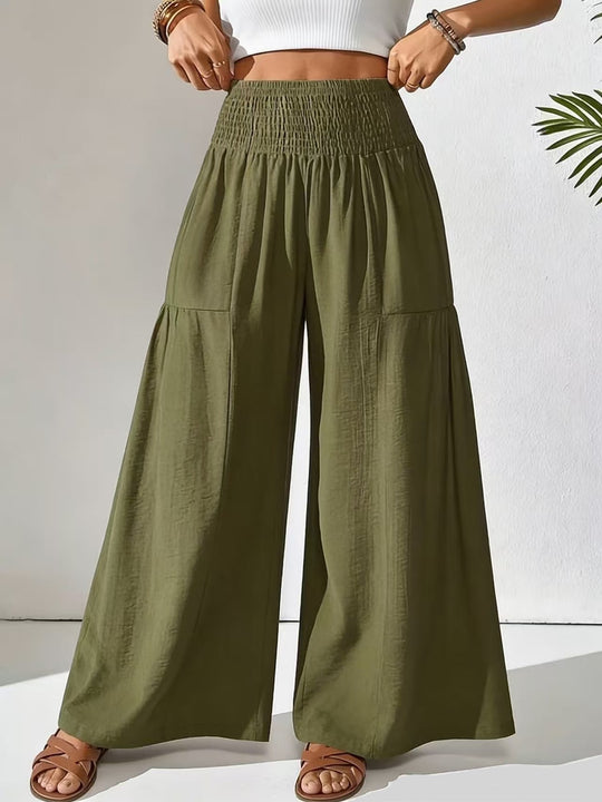 Damen weite Palazzo-Hose mit gerafftem Smock-Bund und Stufendetails Shop Nory