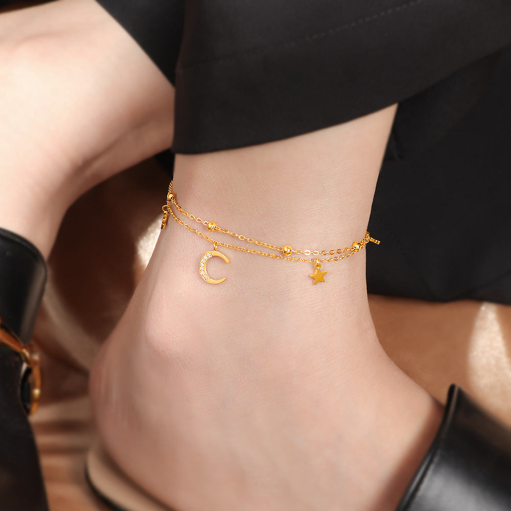 Damen Fußkette mit funkelnden Anhängern und Mond-Design Shop Nory