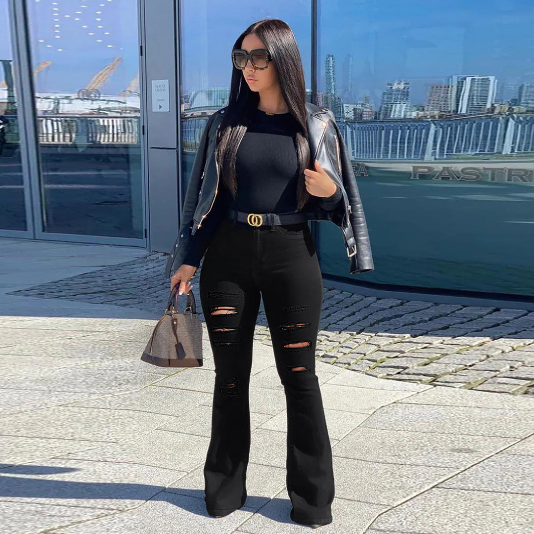 Damen hochtaillierte Flared-Jeans mit Destroyed-Rissen und sculptendem Stretchschnitt Shop Nory