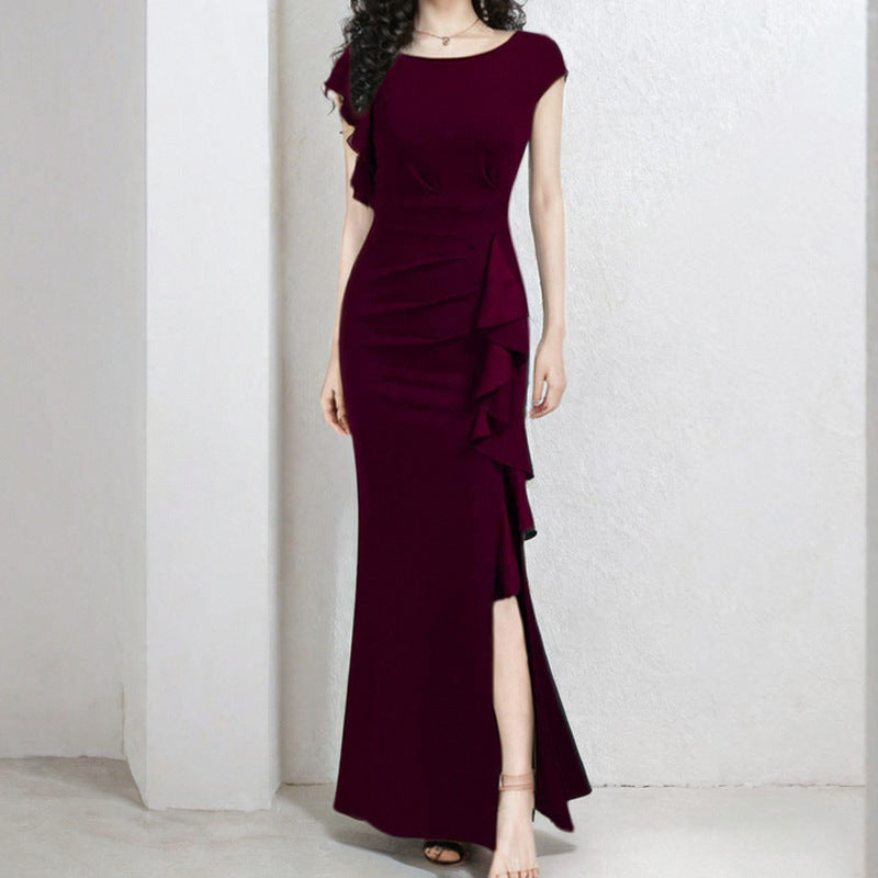 Damen elegantes Maxikleid mit Rüschendetails und seitlichem Schlitz