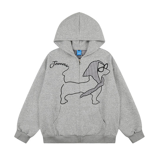 Damen Kapuzen-Zipjacke im Oversize-Cut mit gestickter Dackel-Illustration und Vichy-Detail Shop Nory