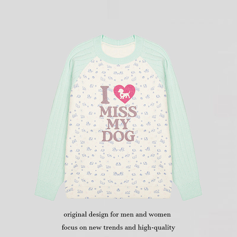 Damen Strickpullover mit Raglanärmeln, Allover-Hundemotiv und Statement-Print Shop Nory
