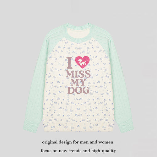 Damen Strickpullover mit Raglanärmeln, Allover-Hundemotiv und Statement-Print Shop Nory