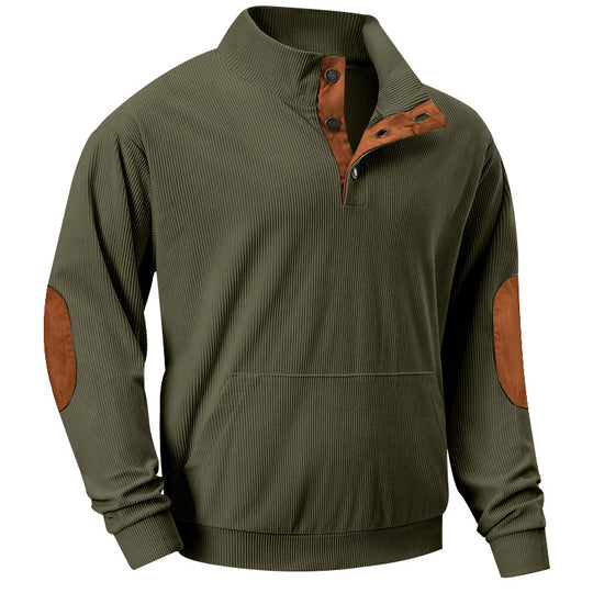 Herren Strukturiertes Ripp-Henley-Sweatshirt mit Stehkragen, Kängurutasche & Velours-Ellbogenpatches Shop Nory