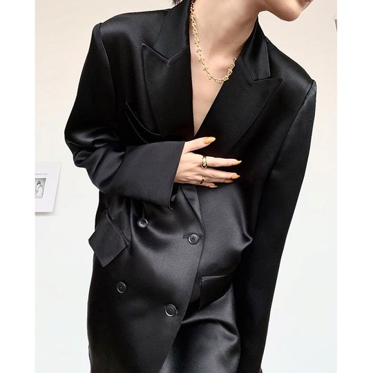 Damen Eleganter Satin Blazer mit doppelter Knopfleiste Shop Nory