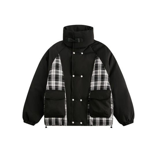 Unisex Oversize Stehkragen‑Pufferjacke mit karierter Einsatz‑Panel und Utility‑Taschen Shop Nory