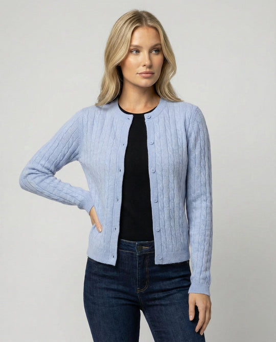 Damen kurzes Zopfmuster-Cardigan mit Rundhalsausschnitt und minimalistischer Knopfleiste