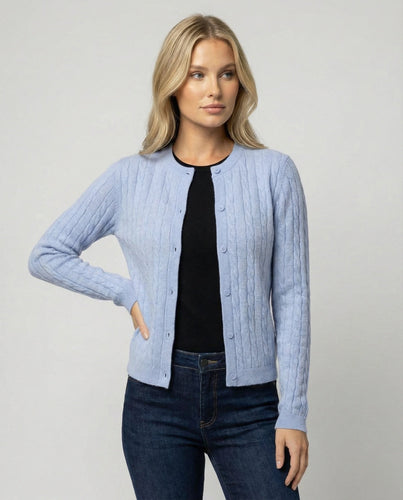 Damen kurzes Zopfmuster-Cardigan mit Rundhalsausschnitt und minimalistischer Knopfleiste
