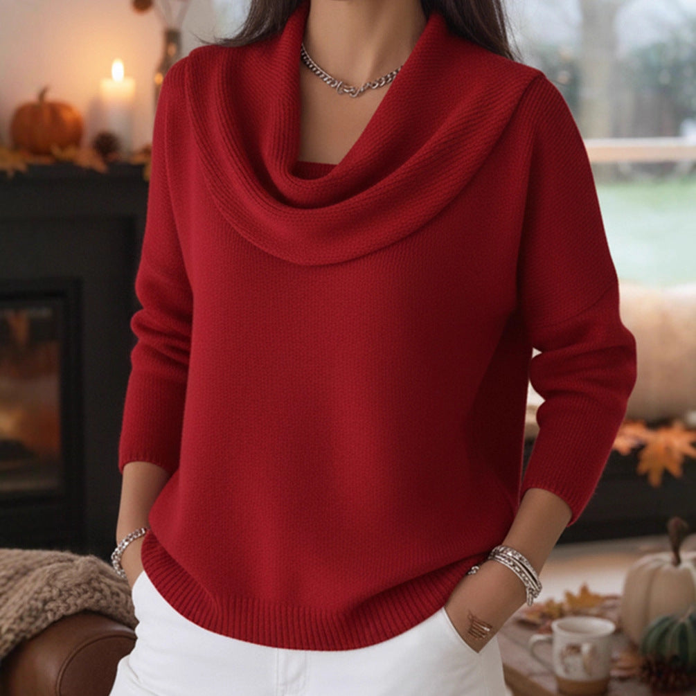 Damen Lässiger Schalkragen-Feinstrickpullover mit überschnittener Schulter und geripptem Saum Shop Nory