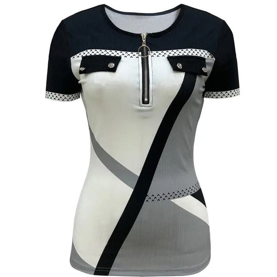Damen Kurzarm Oberteil mit Reißverschluss und geometrischem Design Shopnory