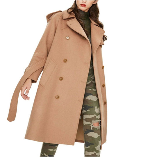 Damen Midilanger Doppelreihiger Wollmix‑Trenchcoat mit Epauletten und Taillengürtel Shop Nory