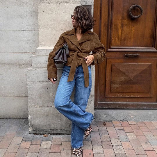 Damen Kurzblouson aus Wildleder‑Look mit Bindegürtel und kastiger Silhouette Shop Nory
