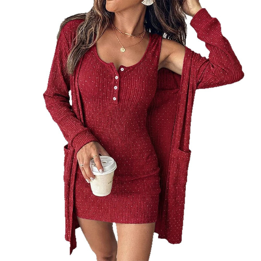 Damen Zweiteiliges geripptes Strickkleid-Set mit Henley-Top und Longcardigan Shop Nory