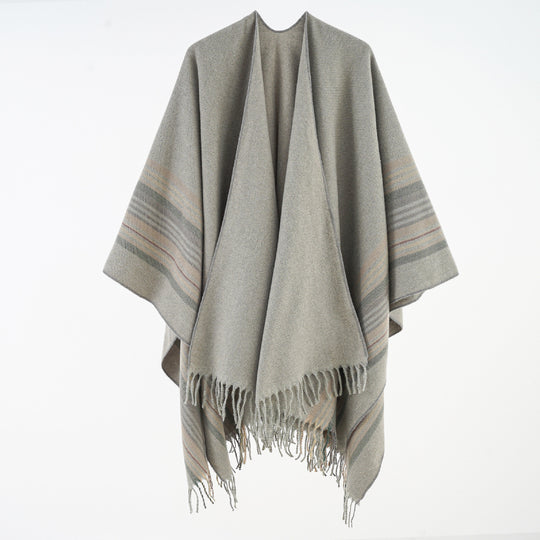 Damen Weichfallender Umlegeponcho mit gestreifter Bordüre und Fransensaum Shop Nory