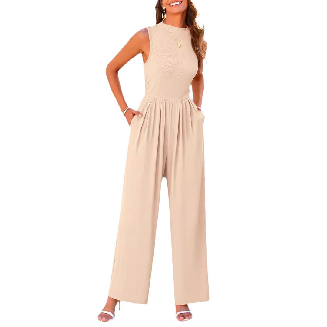 Damen Ärmelloser Palazzohose-Jumpsuit mit taillierter Rippenoberseite und weiten Plissé-Bein Shop Nory