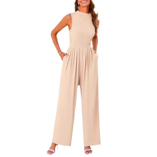 Damen Ärmelloser Palazzohose-Jumpsuit mit taillierter Rippenoberseite und weiten Plissé-Bein Shop Nory