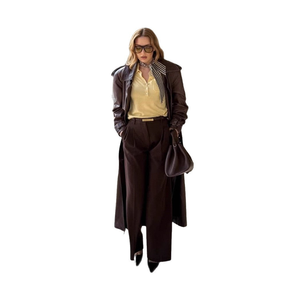 Damen Langer Trenchcoat aus Lederimitat mit Oversize-Schultern und taillierter Silhouette Shop Nory