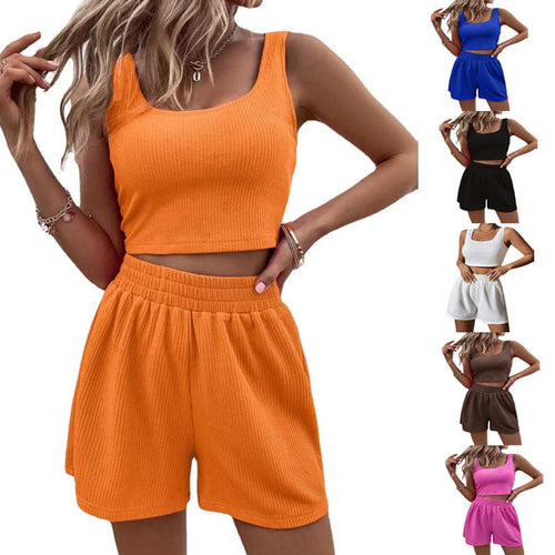 Damen modisches Crop-Top und Shorts Set mit elastischem Bund Shopnory