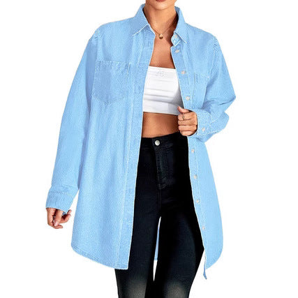 Damen Oversized Denim Hemdjacke mit aufgesetzten Taschen und lässiger Longline-Passform Shop Nory