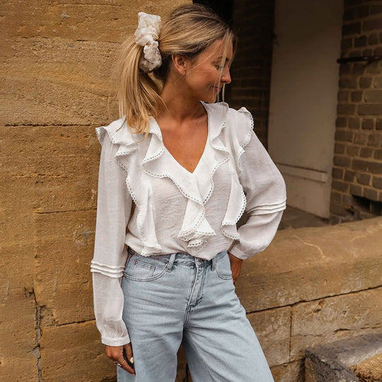 Damen Leichte V-Ausschnitt-Bluse mit Volantfront, Lochstickerei und Ballonärmeln Shop Nory