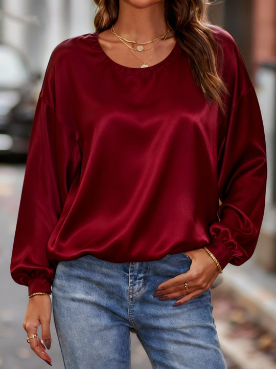 Damen Glänzende Satin-Bluse mit Rundhalsausschnitt und Ballonärmeln Shop Nory