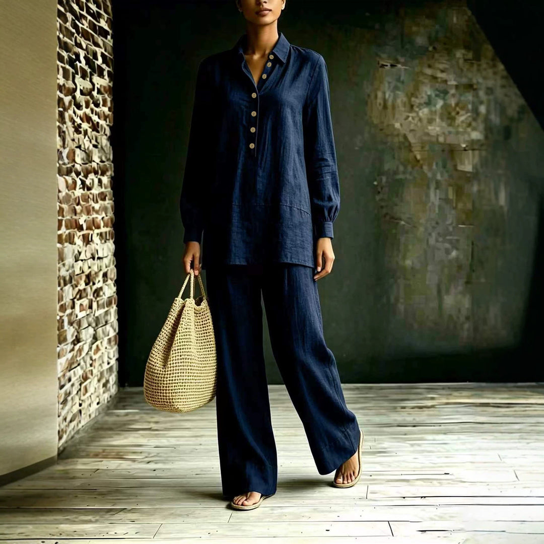Damen Tunika-Hose Set aus Leinenoptik mit Hemdkragen und weitem Schnitt Shop Nory