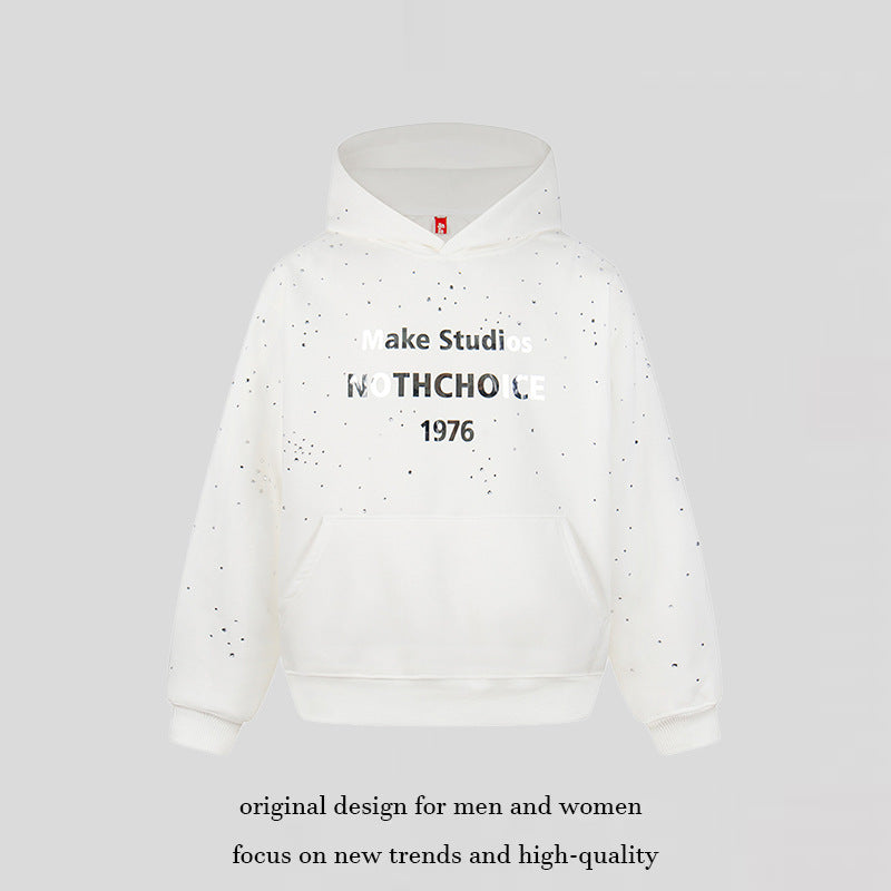 Damen Kapuzenpullover mit Statement-Print Metallic-Lettering und Paint-Splatter-Optik Shop Nory