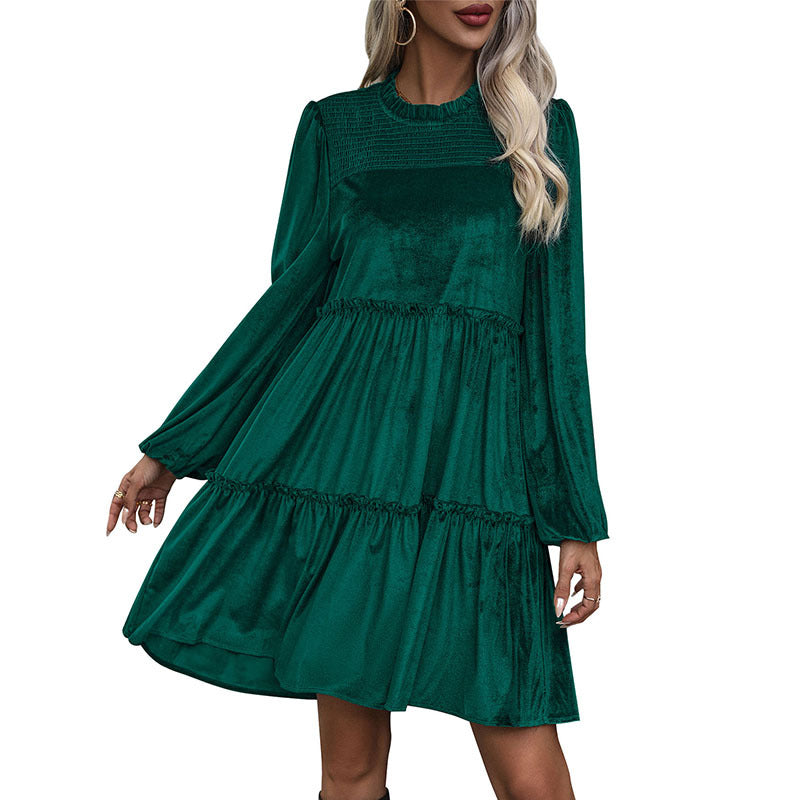 Damen Samtkleid mit Stufenrock, Raffung und Stehkragen Shop Nory
