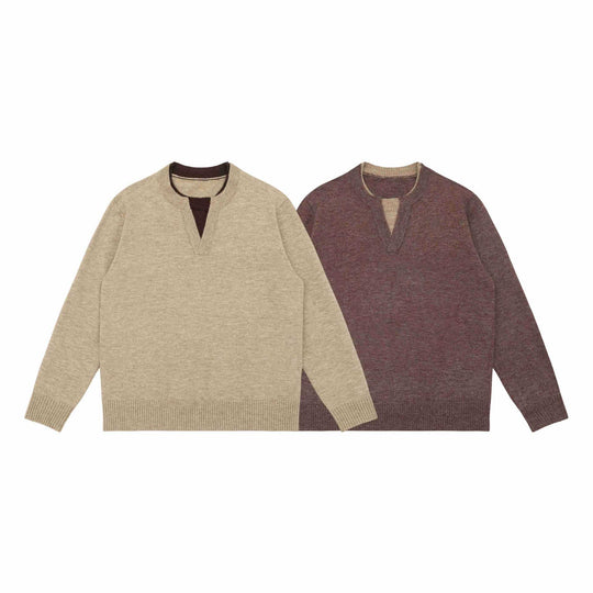 Unisex Grobgestrickter Pullover mit V-Notch Ausschnitt und kontrastierter Innenblende Shop Nory