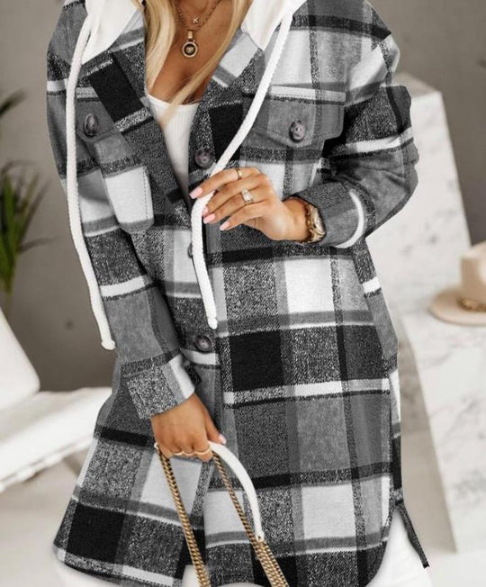 Damen Longline-Strickmantel mit Kapuze, Zierknöpfen und Kontrasttaschen Shop Nory